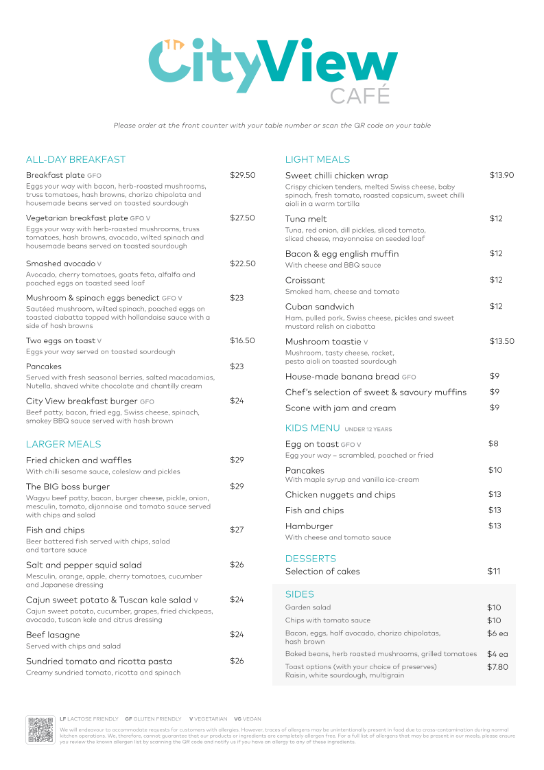 Menu, City View Café