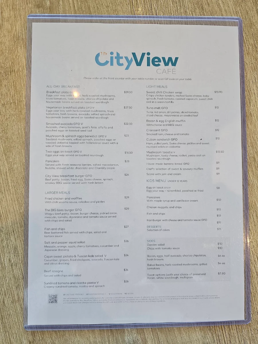 Menu, City View Café