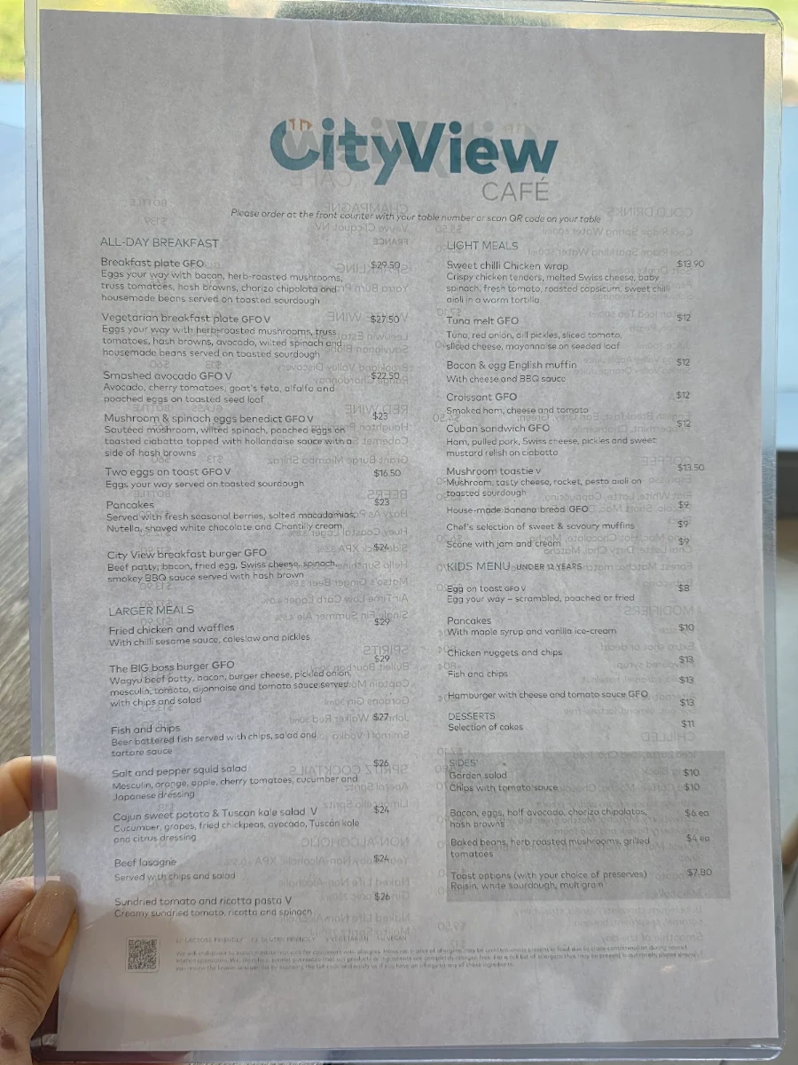 Menu, City View Café