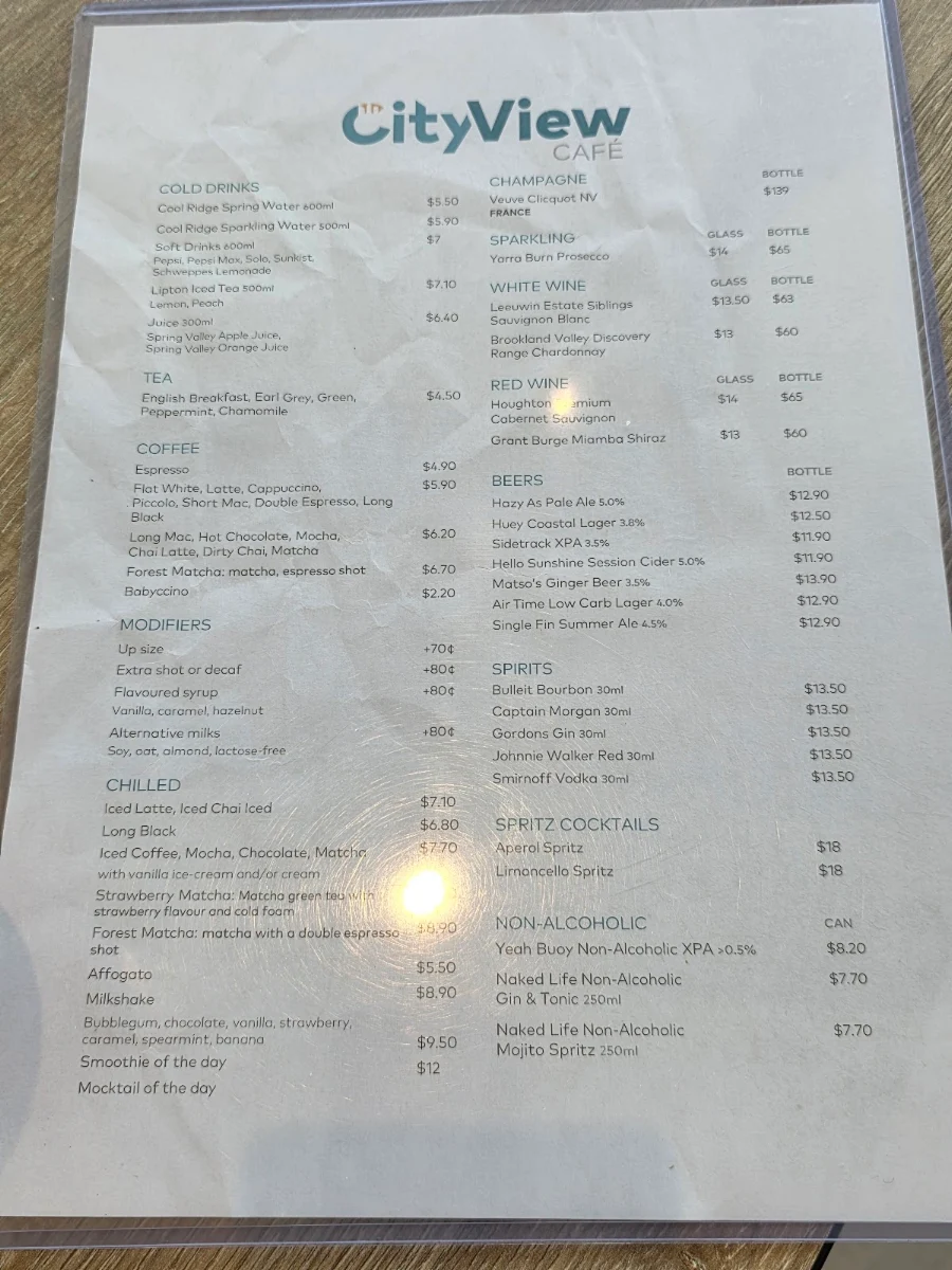 Menu, City View Café