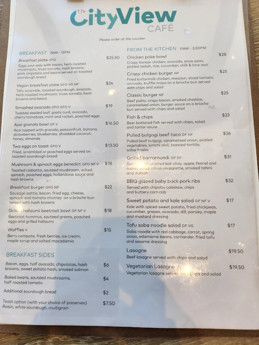 Menu, City View Café