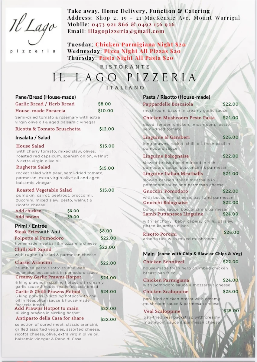 Menu, il lago pizzeria
