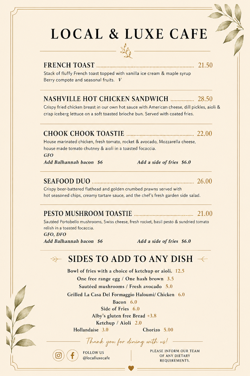 Menu, Local Luxe Cafe