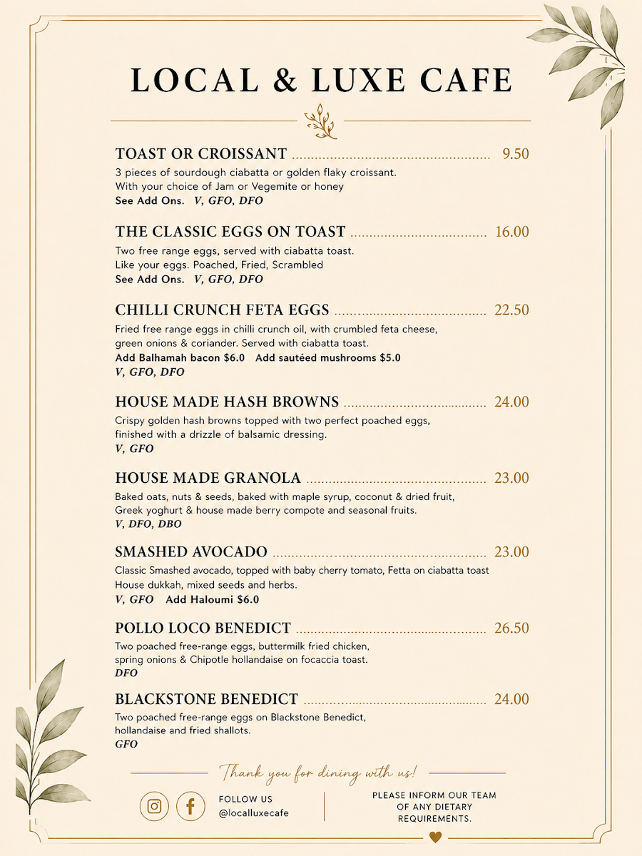 Menu, Local Luxe Cafe