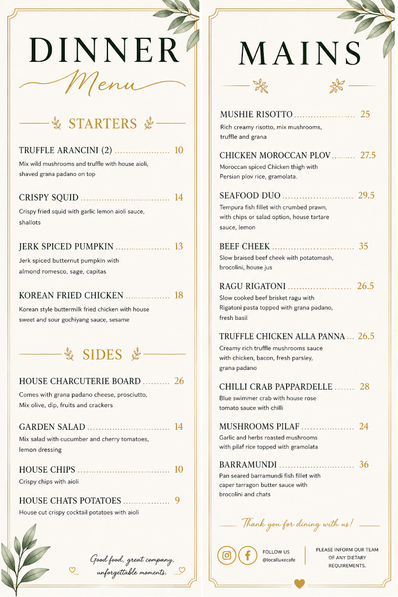Menu, Local Luxe Cafe