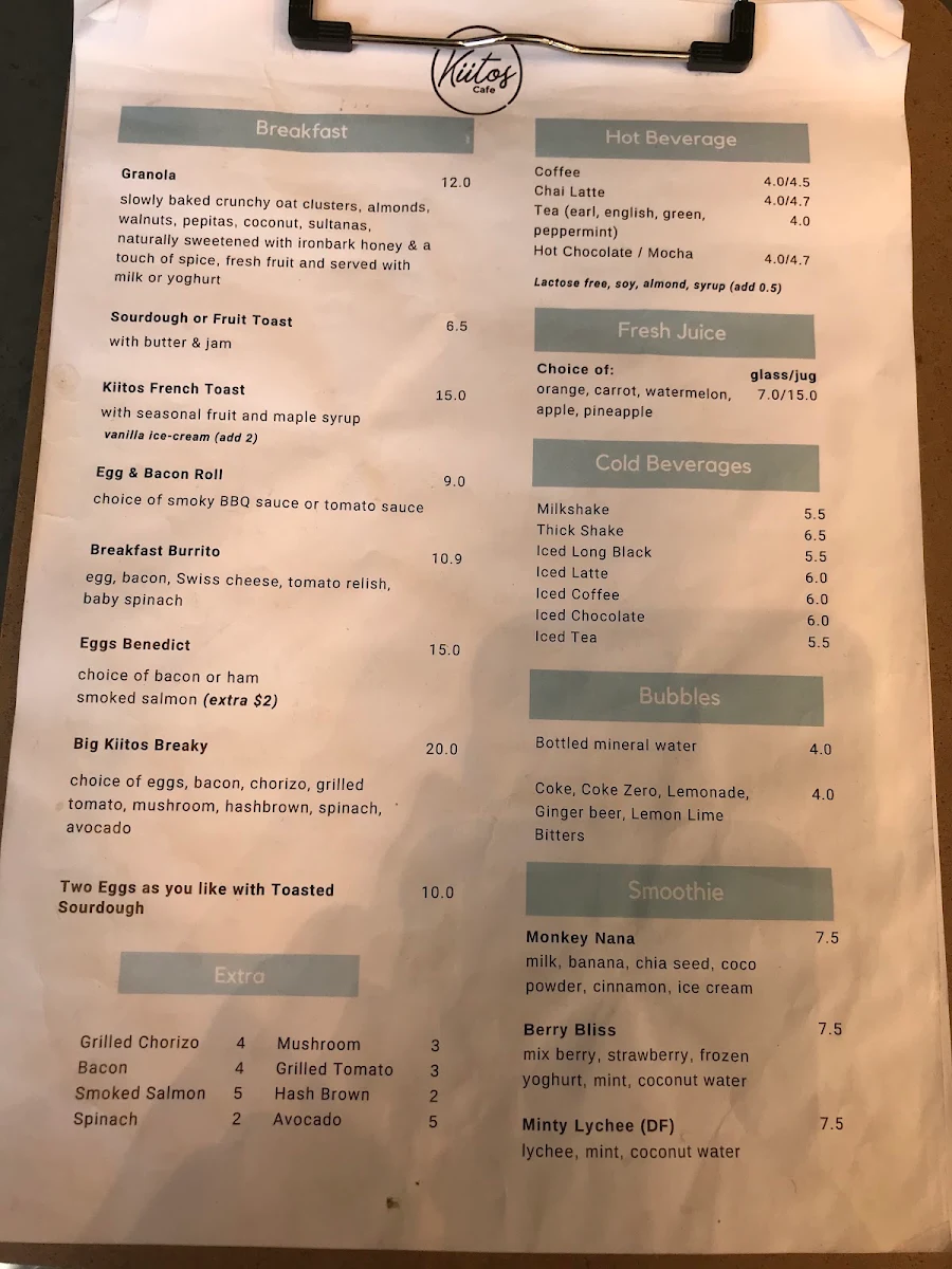 Menu, Kiitos Cafe