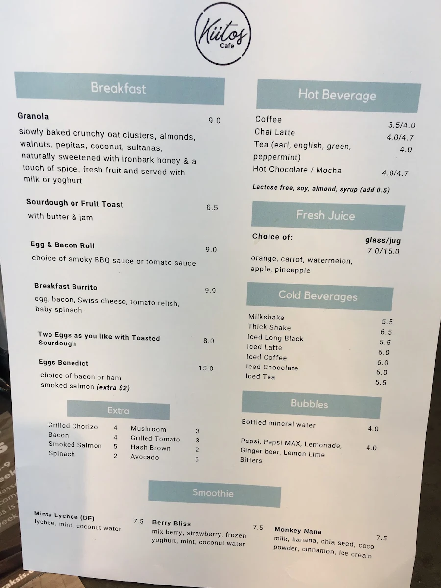 Menu, Kiitos Cafe