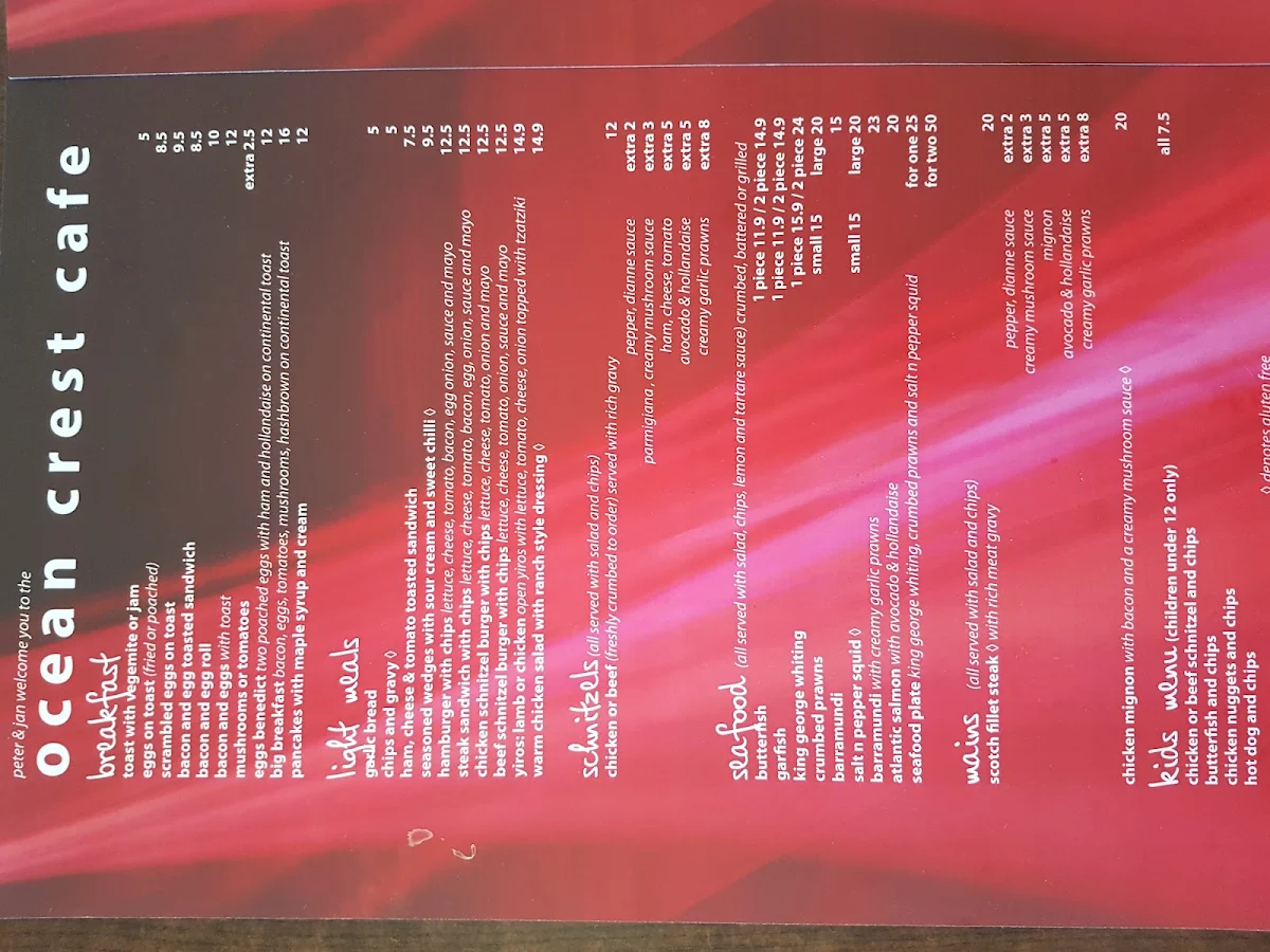Menu, Ocean Crest Cafe