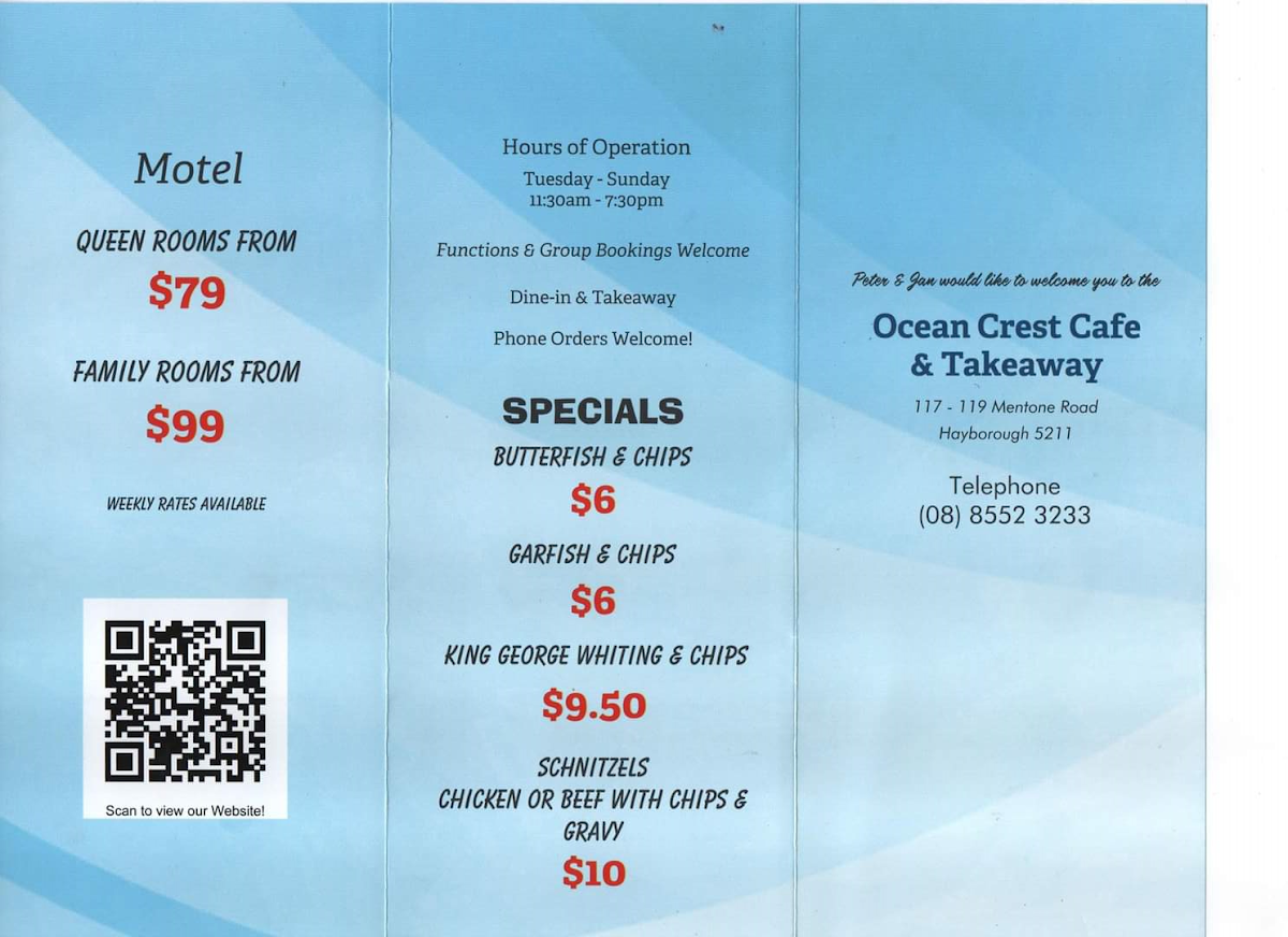 Menu, Ocean Crest Cafe