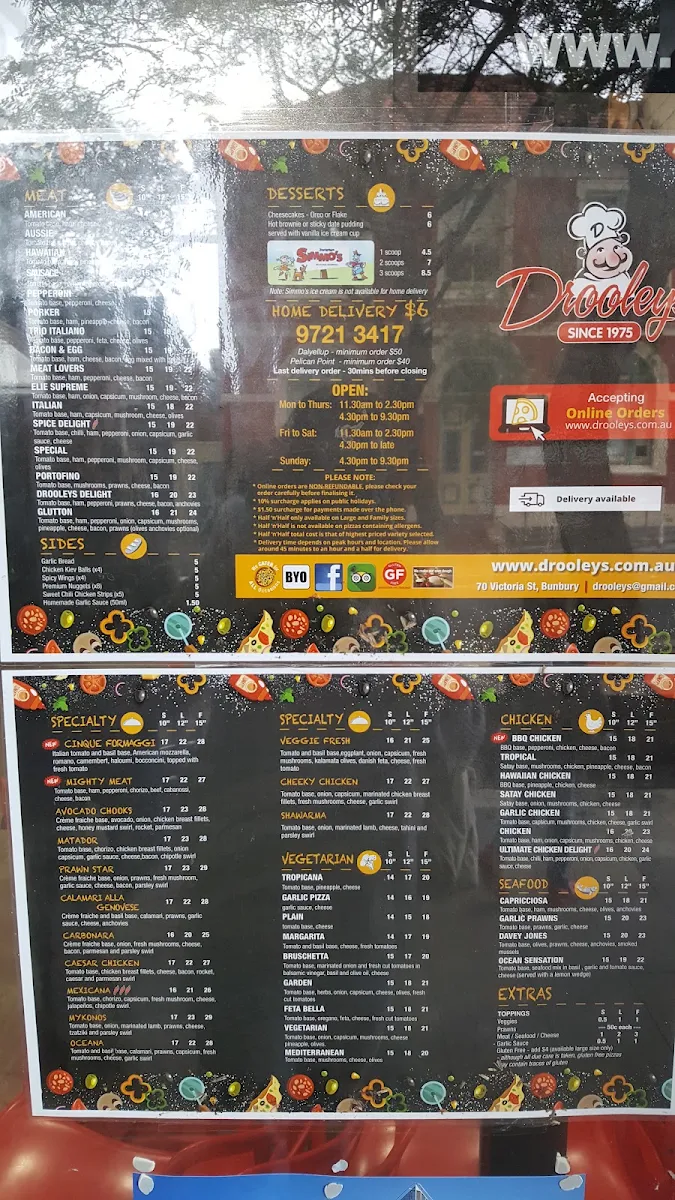 Menu, Drooleys Pizza