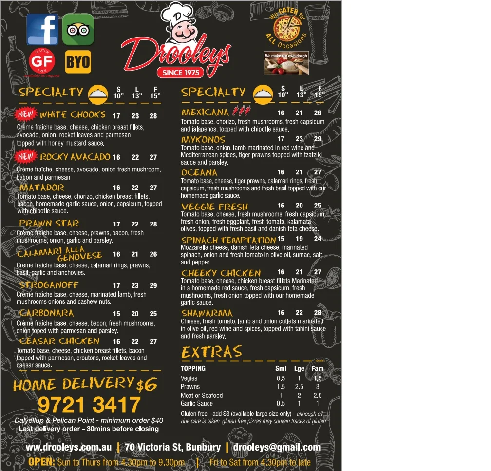 Menu, Drooleys Pizza