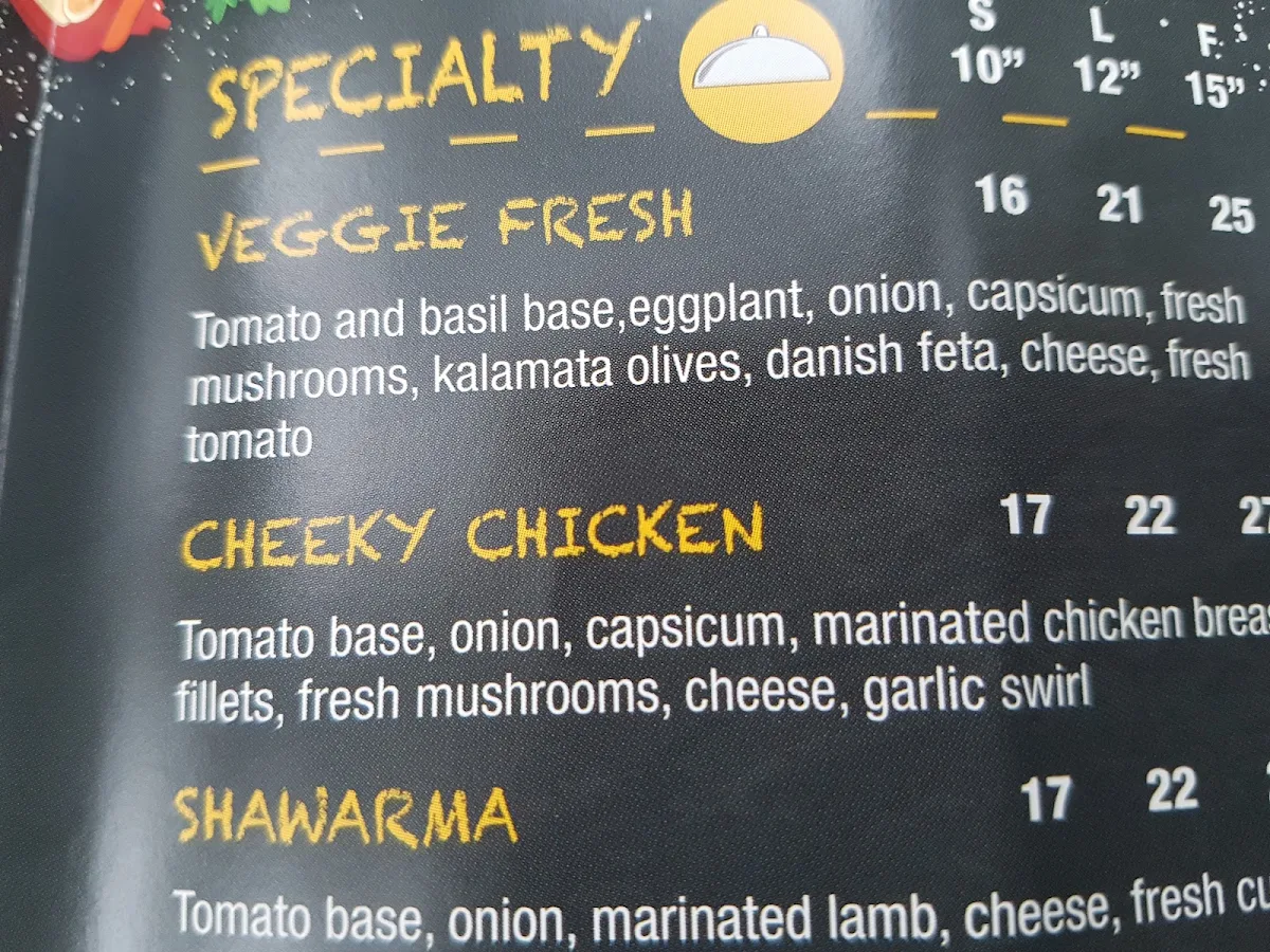Menu, Drooleys Pizza