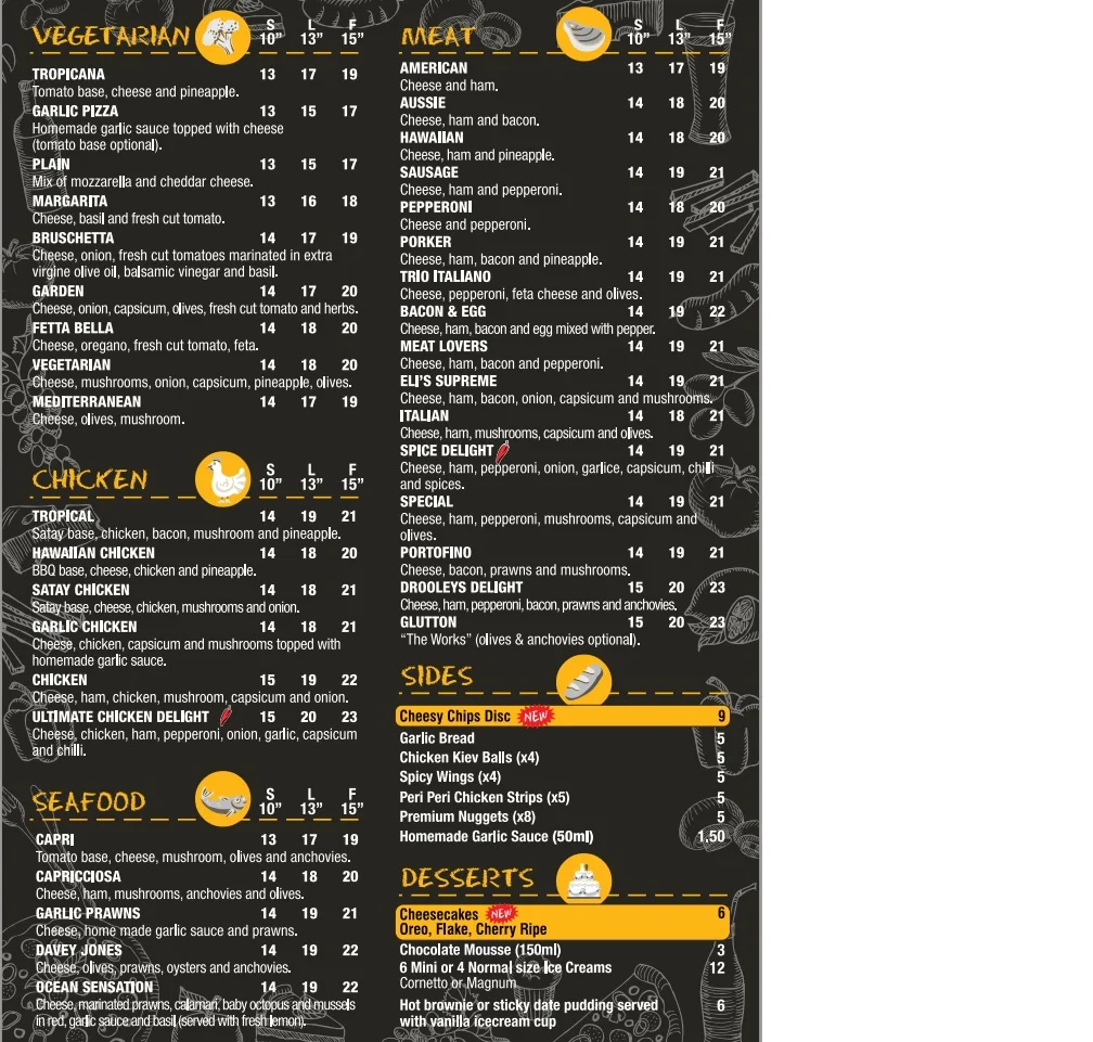 Menu, Drooleys Pizza