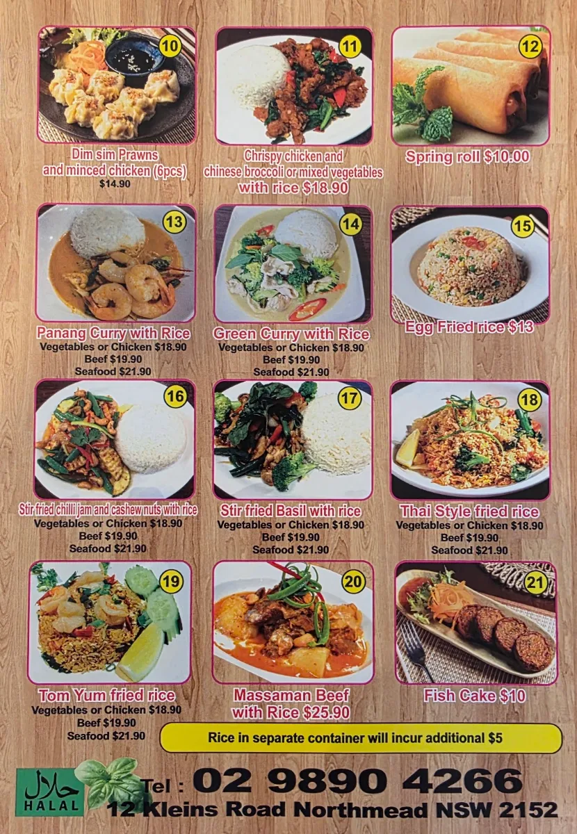 Menu, Pure Thai Restaurant Northmead