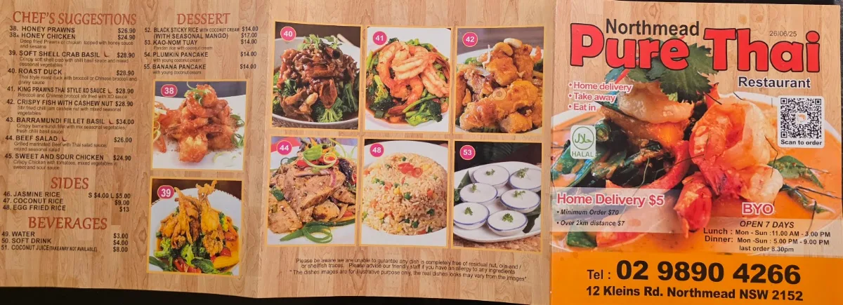 Menu, Pure Thai Restaurant Northmead