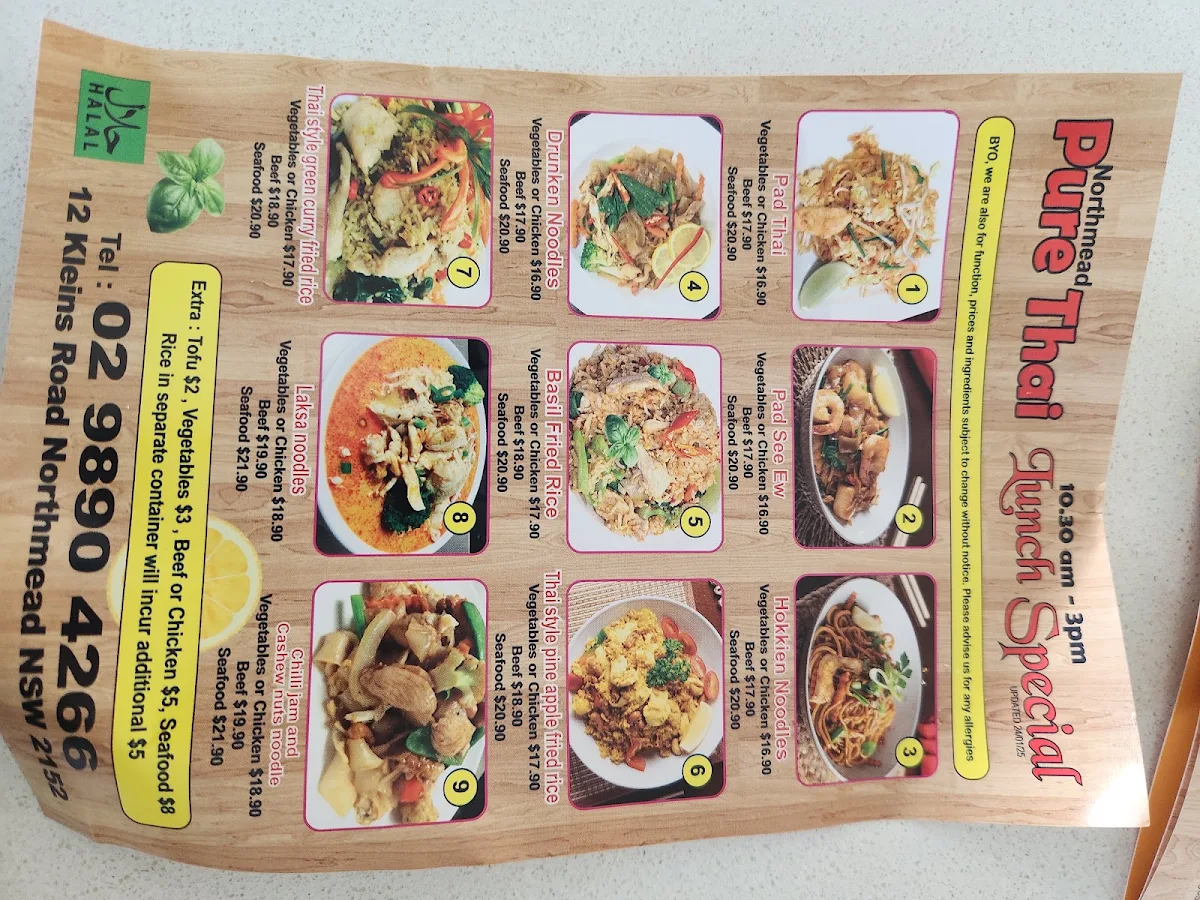 Menu, Pure Thai Restaurant Northmead
