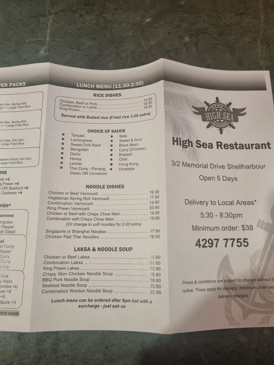 Menu, High Sea Asian Restaurant