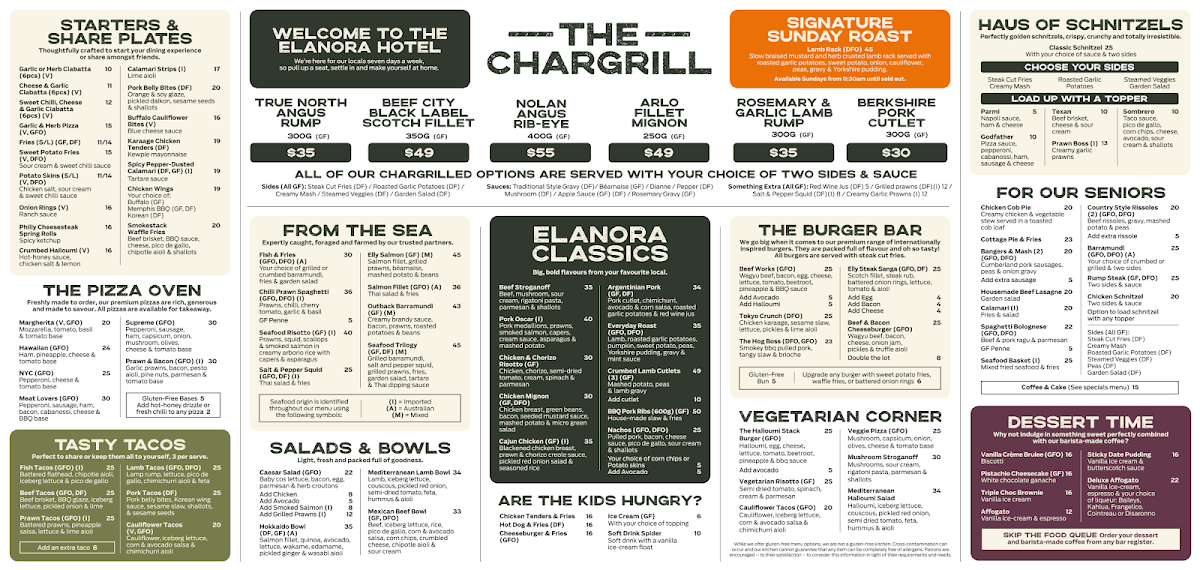 Menu, Elanora Hotel East Gosford