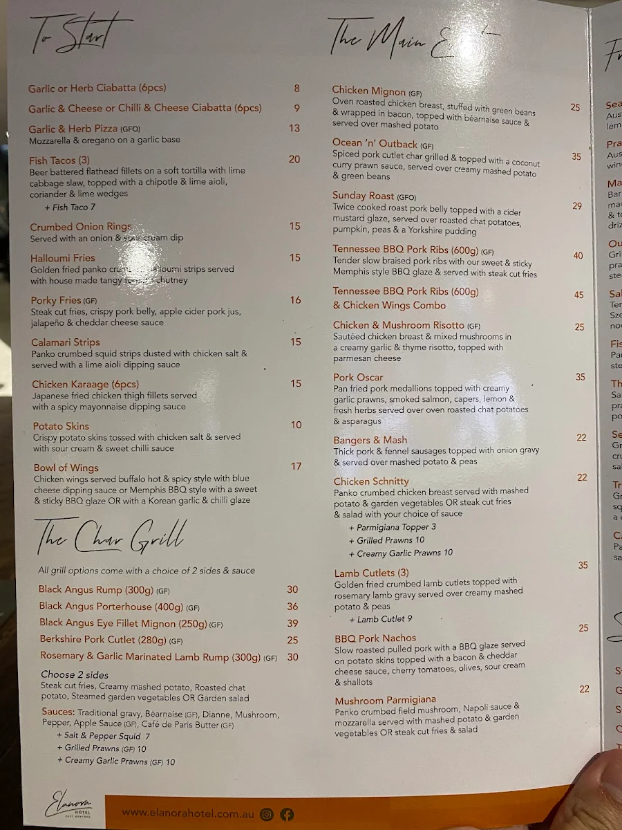 Menu, Elanora Hotel East Gosford