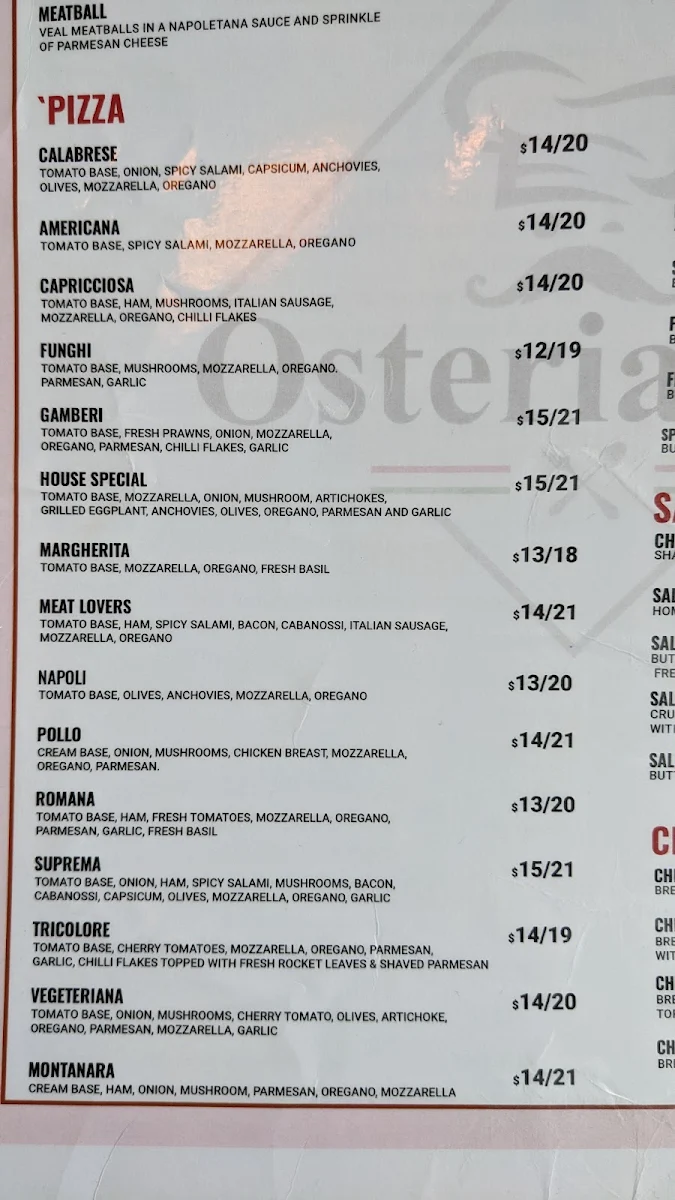 Menu, Osteria@Lonnies