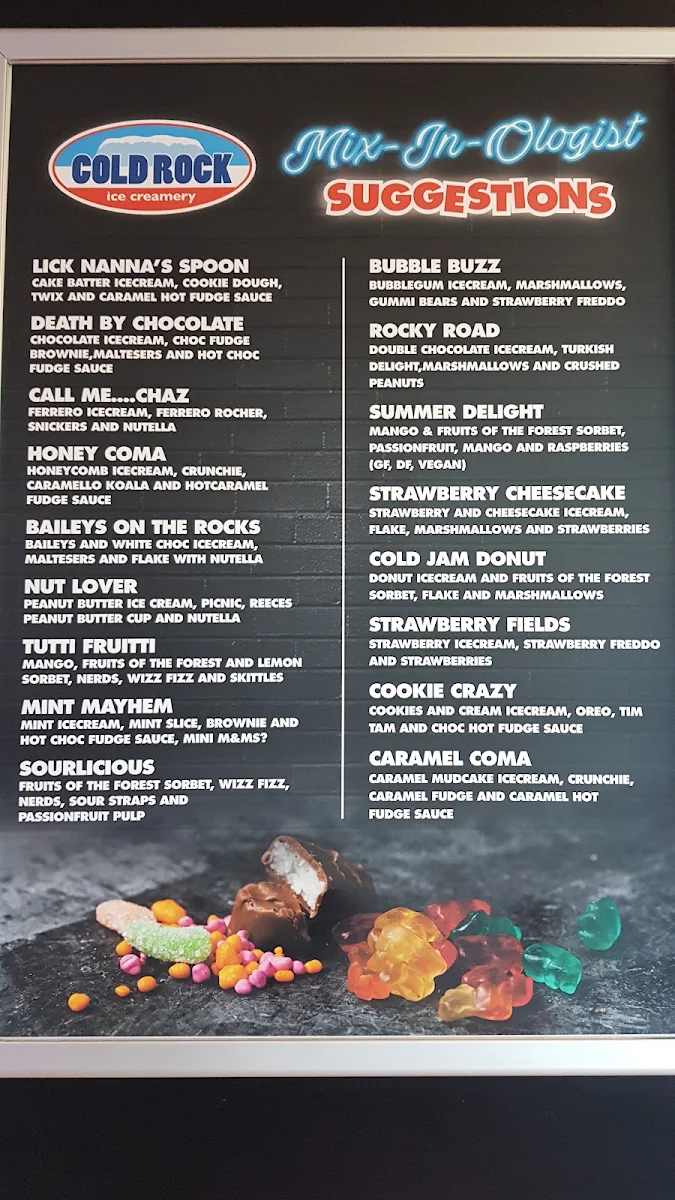 Menu, Cold Rock Ice Creamery Geelong