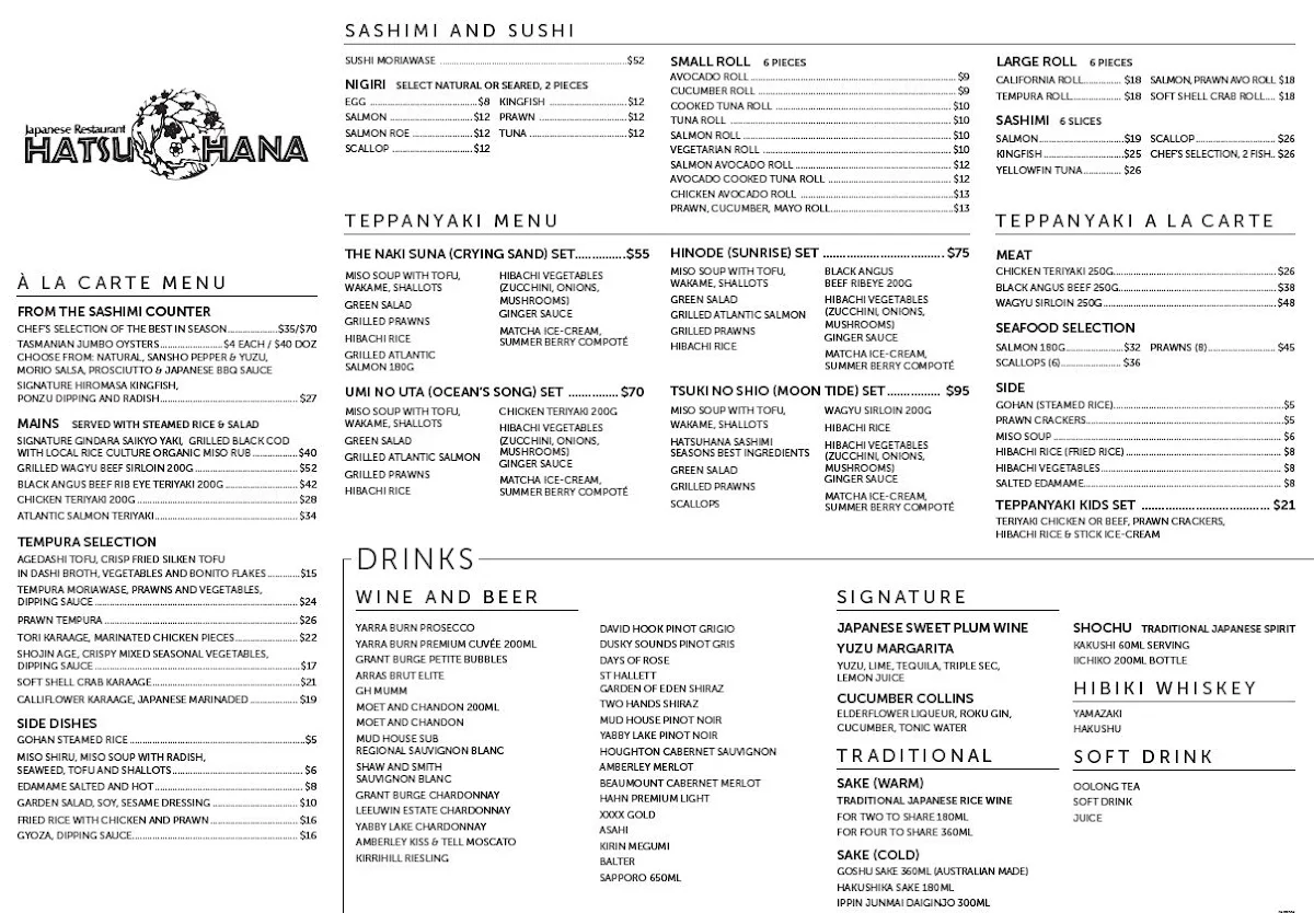 Menu, Hatsuhana Japanese Restaurant