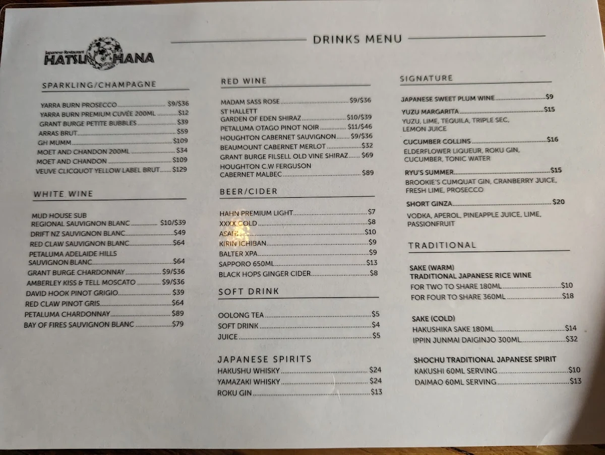 Menu, Hatsuhana Japanese Restaurant