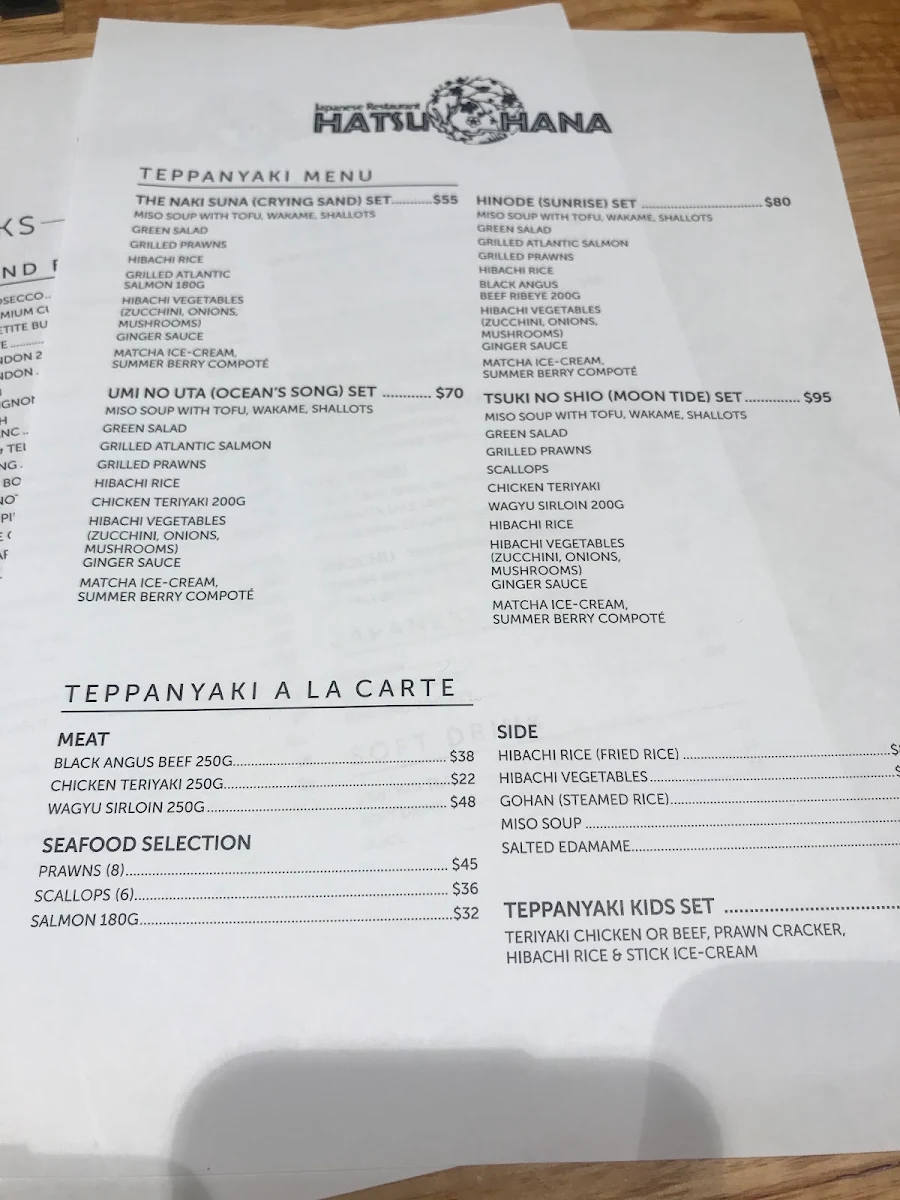 Menu, Hatsuhana Japanese Restaurant