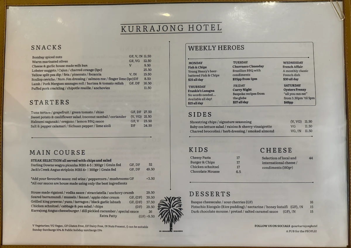 Menu, The Kurrajong Hotel - Pub & Dining