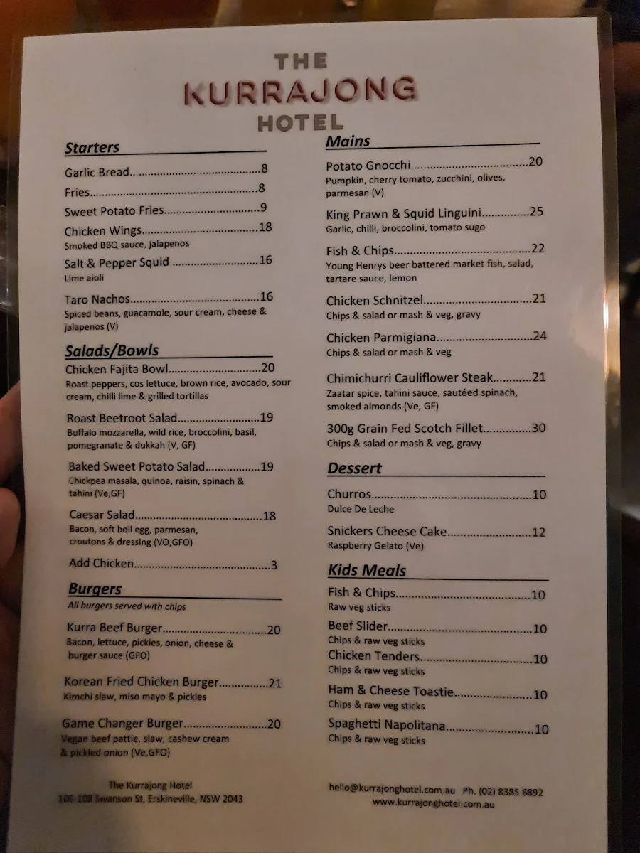 Menu, The Kurrajong Hotel - Pub & Dining