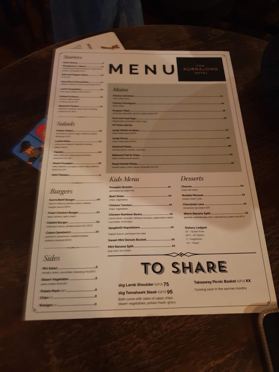 Menu, The Kurrajong Hotel - Pub & Dining