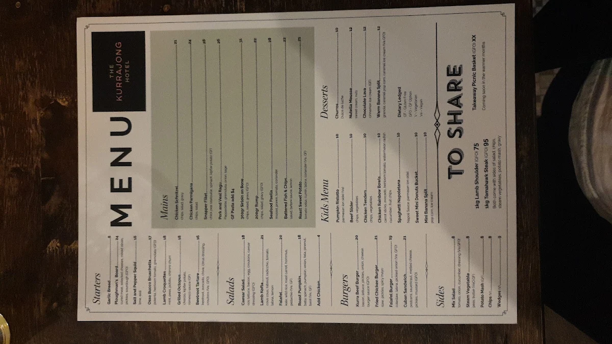 Menu, The Kurrajong Hotel - Pub & Dining