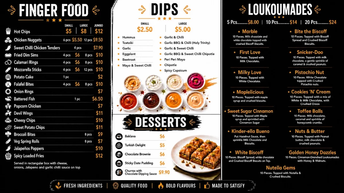 Menu, Funky Feast (24hrs) - Kebab HSP Burger & Greek Donuts