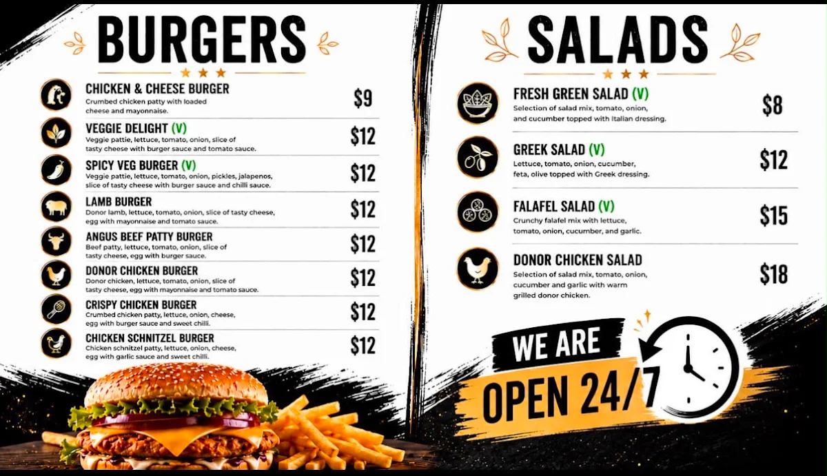 Menu, Funky Feast (24hrs) - Kebab HSP Burger & Greek Donuts