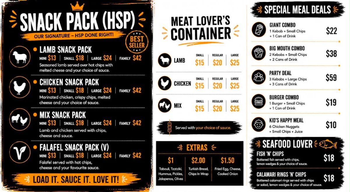 Menu, Funky Feast (24hrs) - Kebab HSP Burger & Greek Donuts