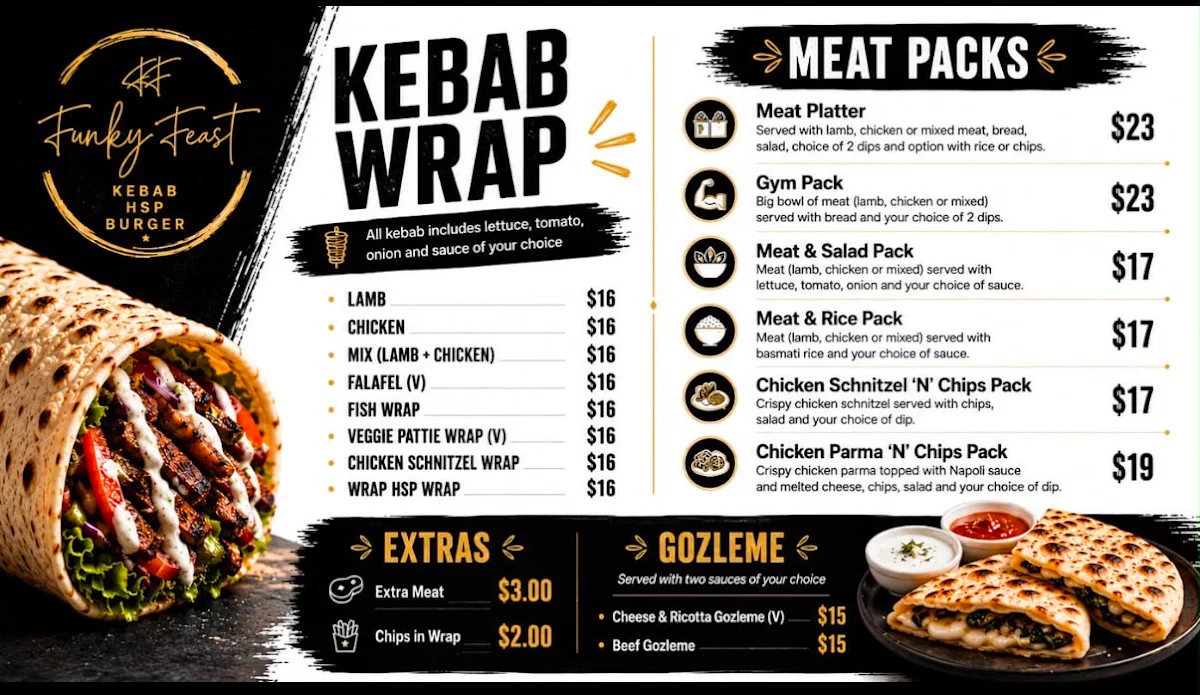Menu, Funky Feast (24hrs) - Kebab HSP Burger & Greek Donuts