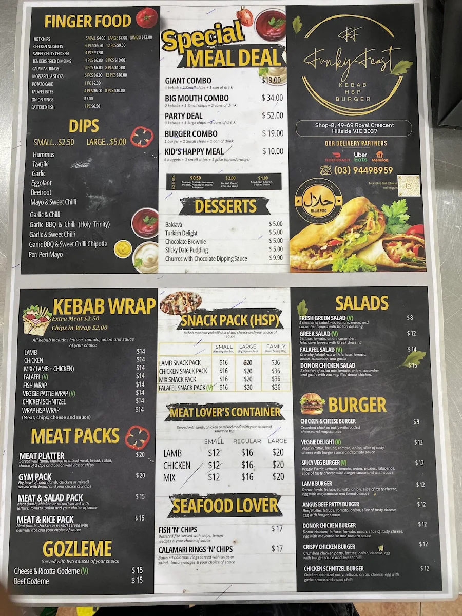 Menu, Funky Feast (24hrs) - Kebab HSP Burger & Greek Donuts