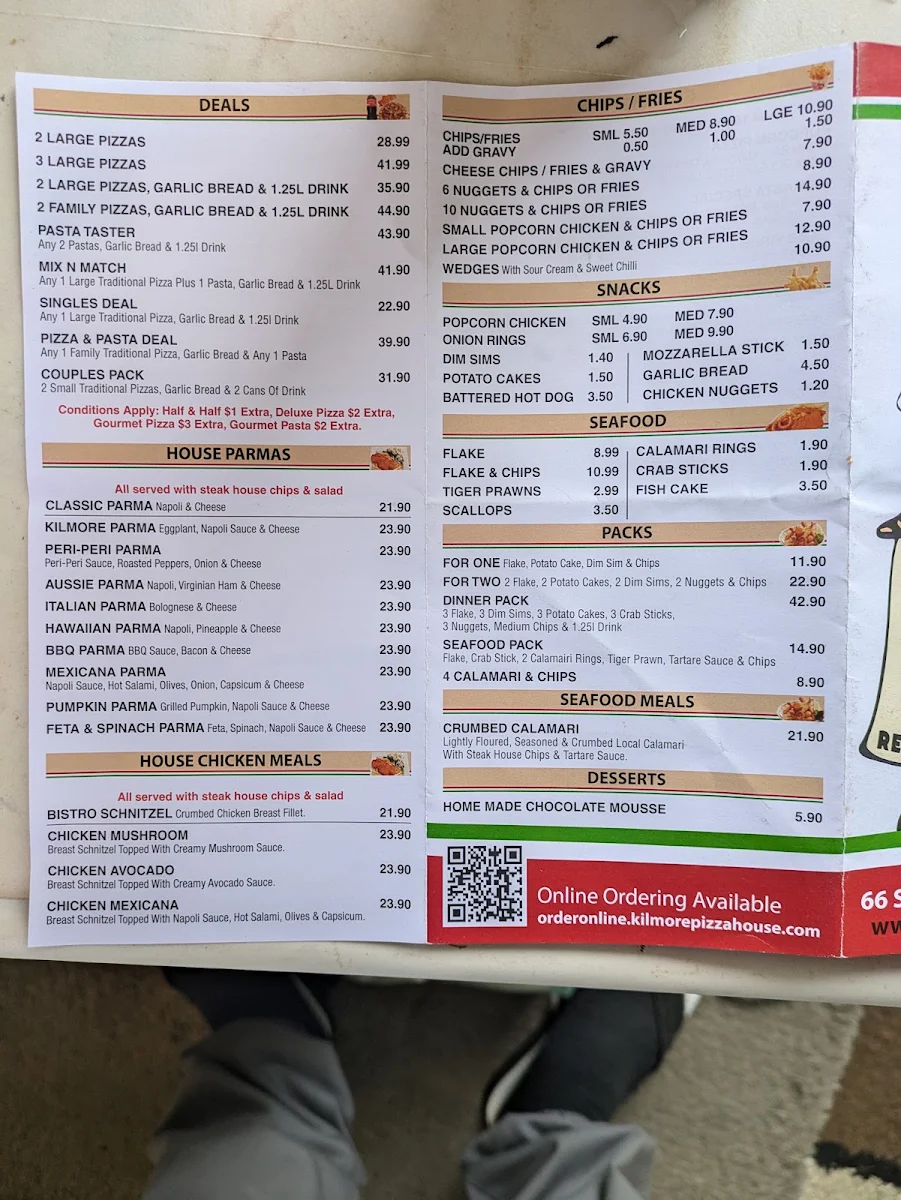Menu, Kilmore Pizza House