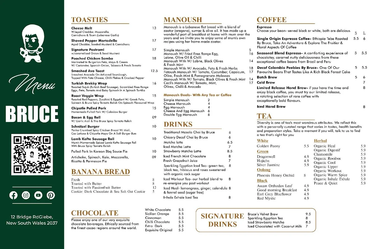 Menu, Bruce Tea Coffee