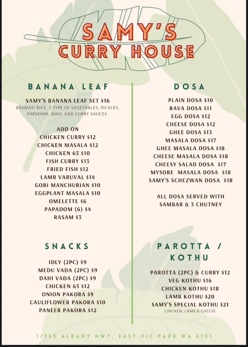 Menu, Samy’s Curry House