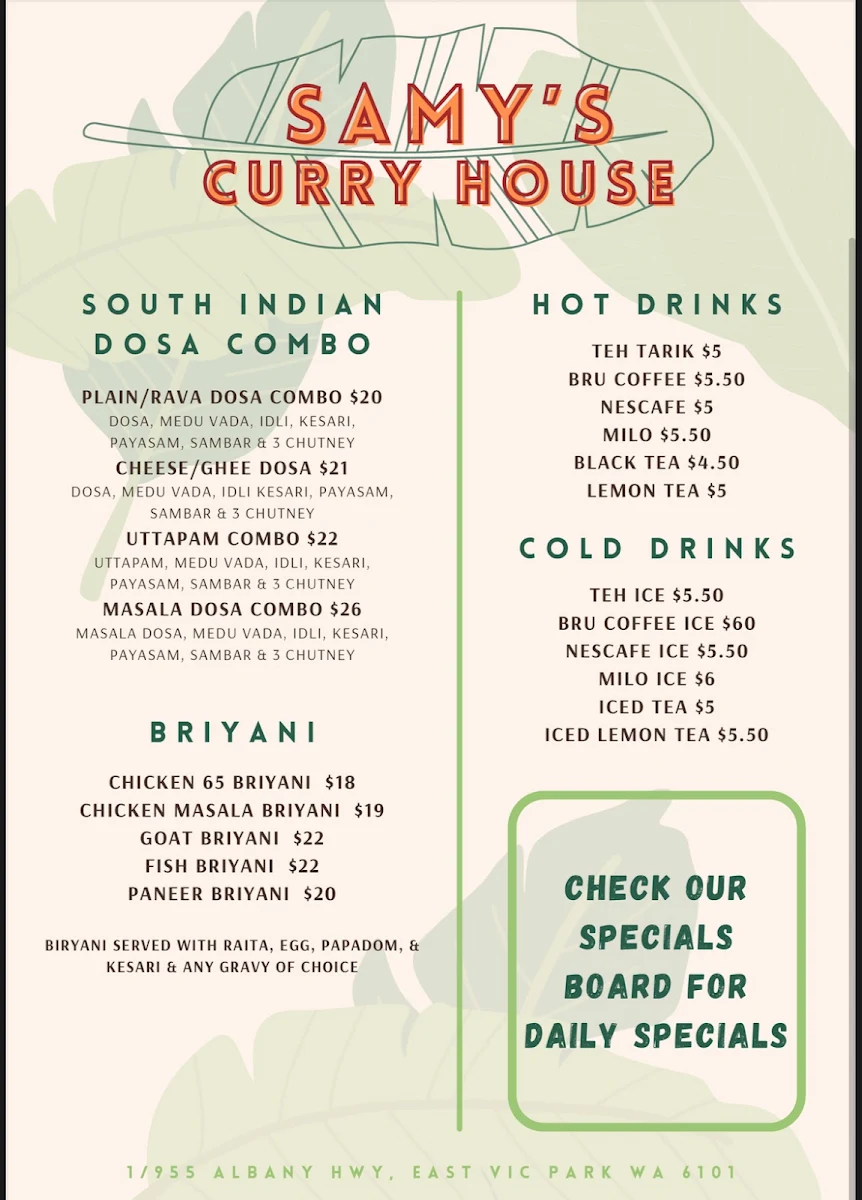 Menu, Samy’s Curry House