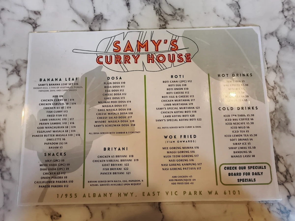 Menu, Samy’s Curry House