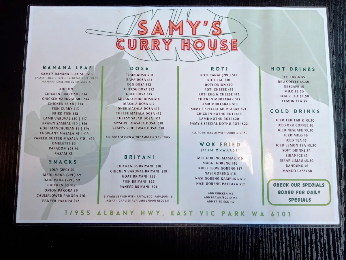 Menu, Samy’s Curry House