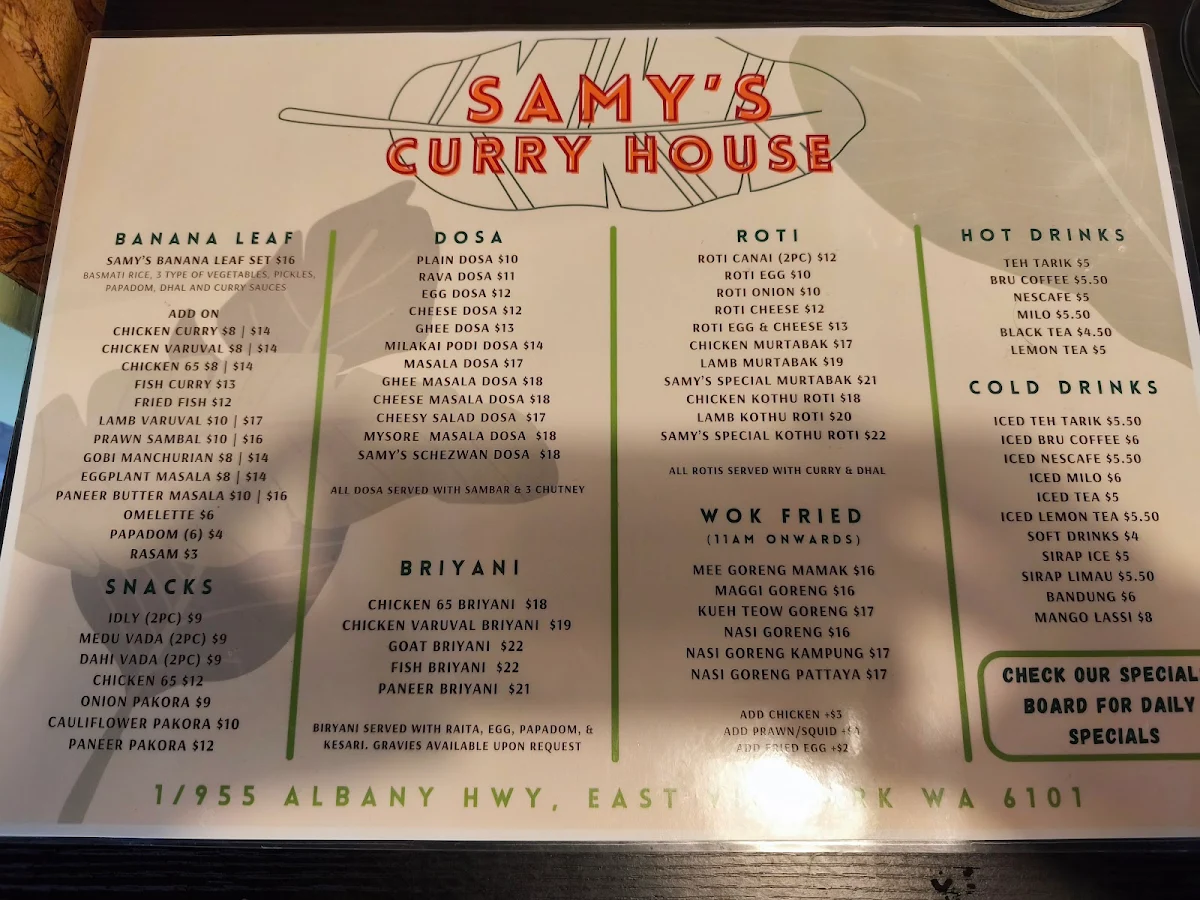Menu, Samy’s Curry House