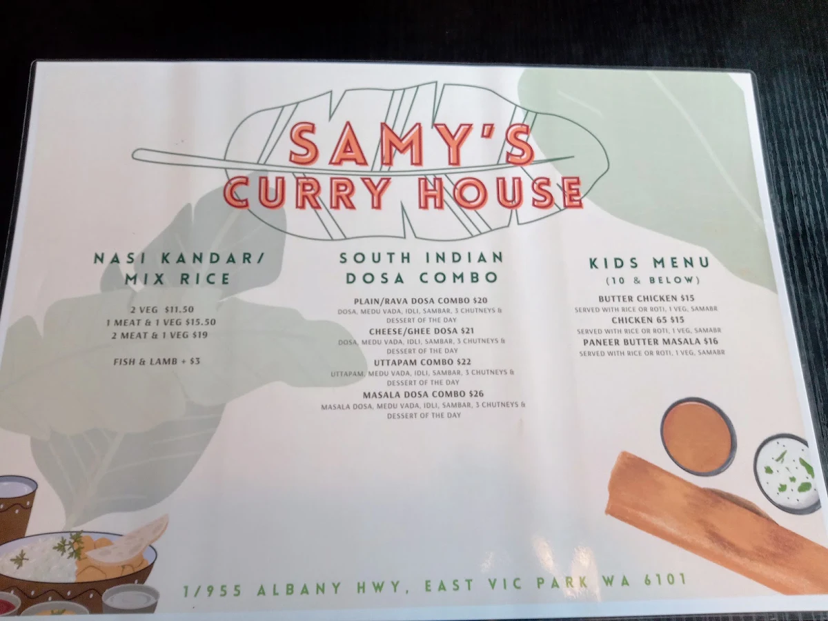 Menu, Samy’s Curry House