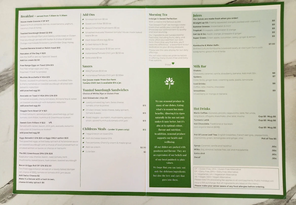 Menu, Greenhouse Cafe Nabiac