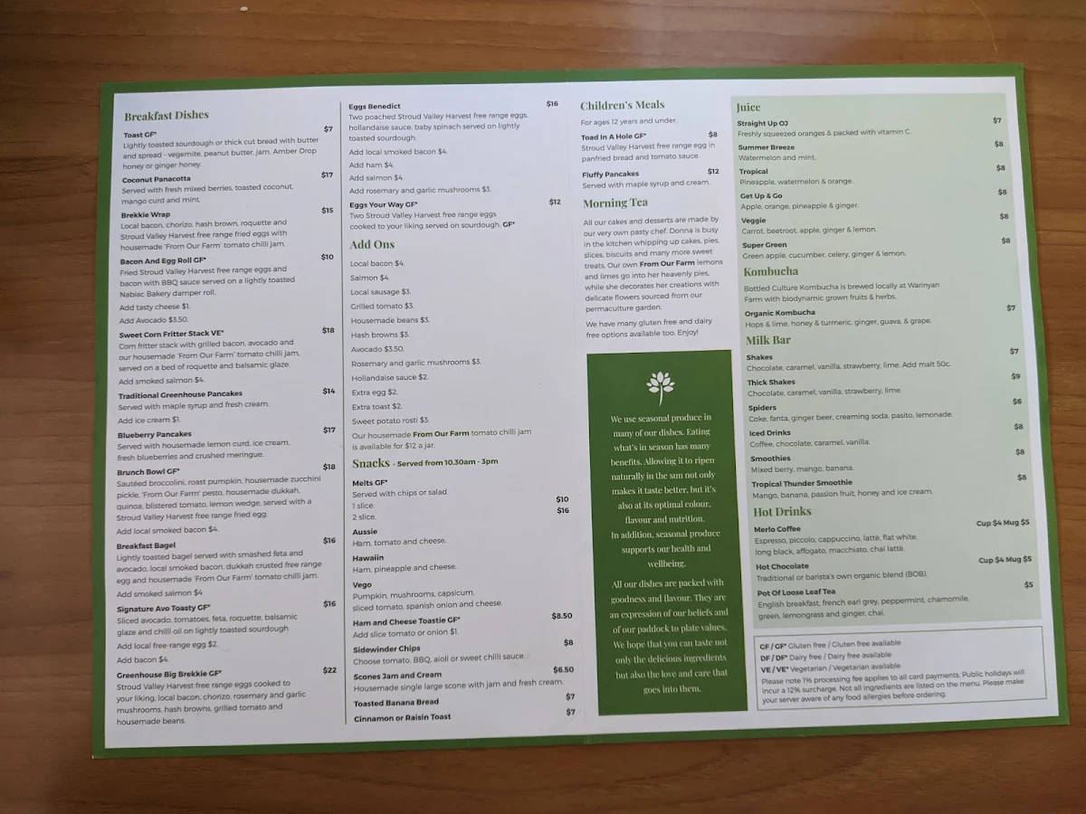 Menu, Greenhouse Cafe Nabiac