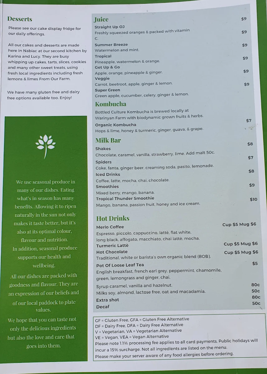 Menu, Greenhouse Cafe Nabiac