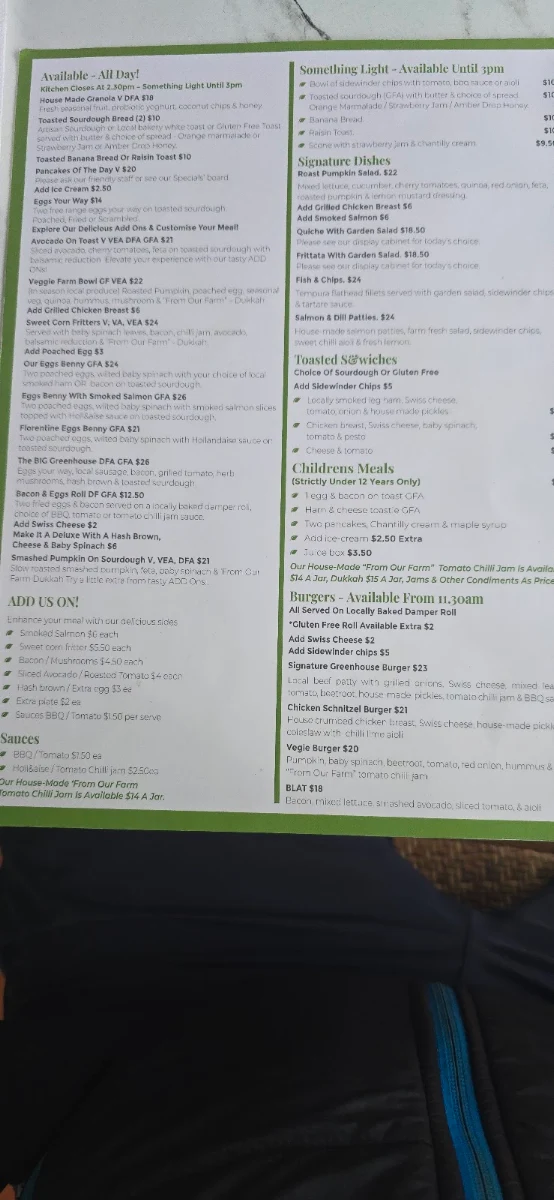 Menu, Greenhouse Cafe Nabiac