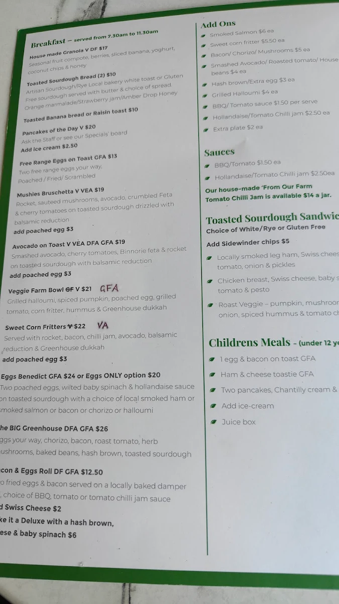 Menu, Greenhouse Cafe Nabiac